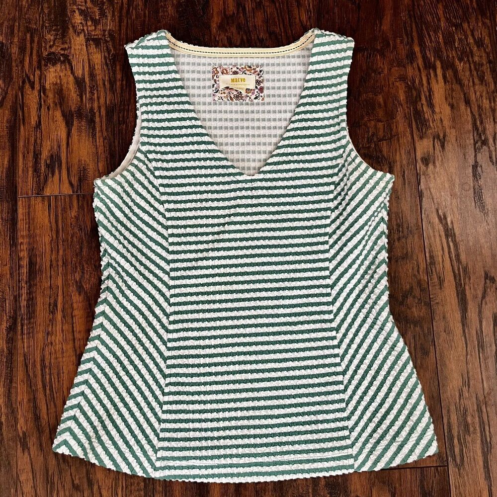 Anthropologie MAEVE Textured Green & White Striped FRANCONIA Tank Top X-Small